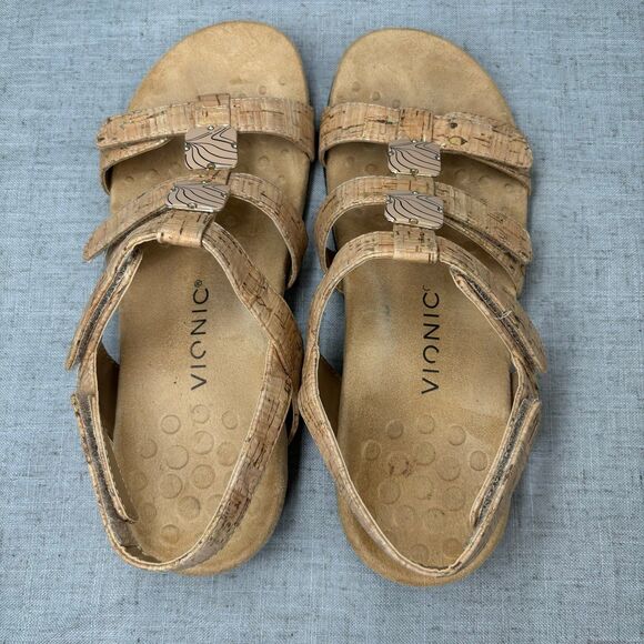 Vionic Amber Adjustable Sandals Strappy Tan Cork Slip‎ On Women's Size 8 - Picture 7 of 11